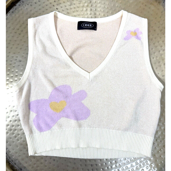 Cider Tops - Cider Pastel Yellow Lavender Floral Crop Sweater Vest Twee Preppy Mod Cottage L